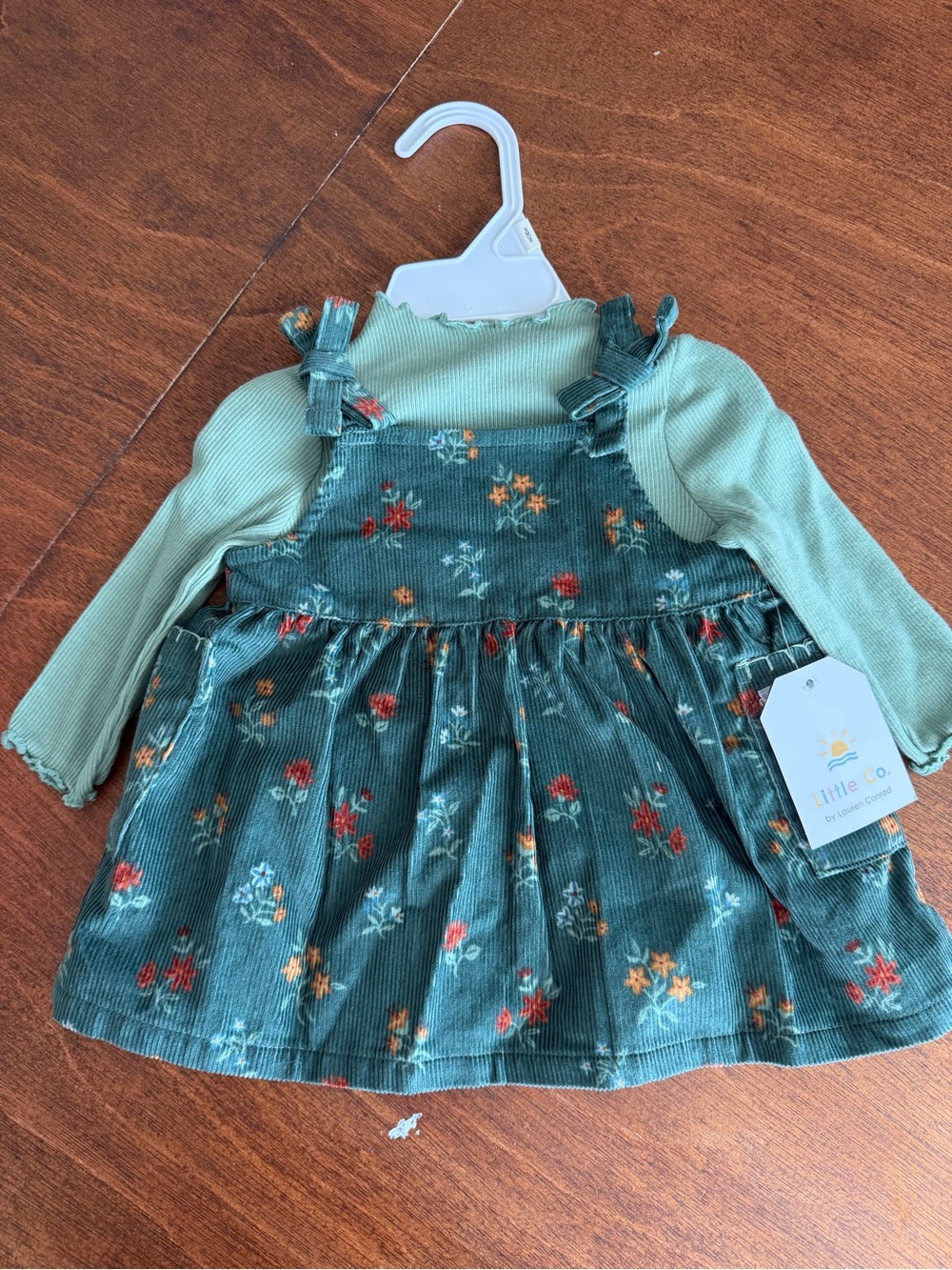 Green Floral Corduroy Pinafore Dress with Sage Top by Little Oy